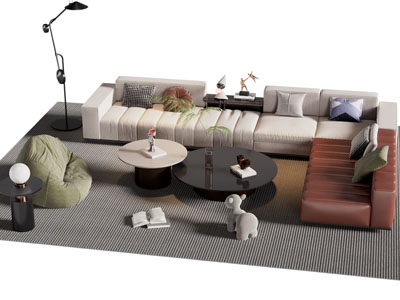 现代转角多人沙发 懒人沙发和茶几组合