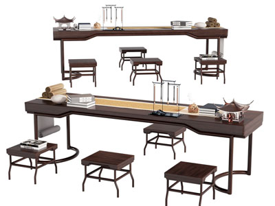 新中式书桌椅组合3d模型 新中式书桌椅组合