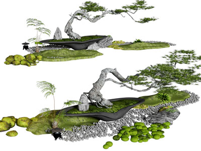 现代松树 石头 苔藓景观园艺小品