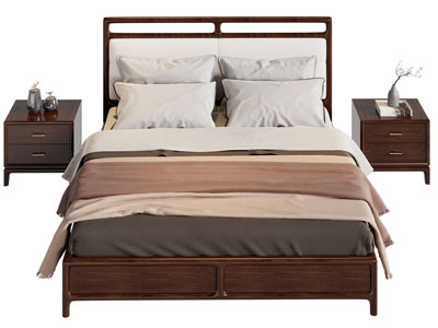 新中式中古风双人床 床头柜