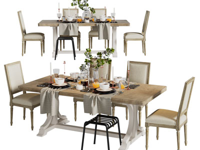 美式长方形餐桌椅组合3d模型 美式长方形餐桌椅组合