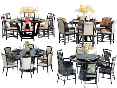 新中式圆形餐桌椅组合3d模型 新中式圆形餐桌椅组合