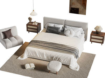 现代布艺双人床 床头柜