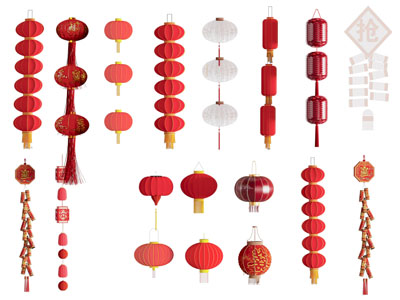 新中式灯笼 鞭炮 墙饰挂件3d模型 新中式灯笼 鞭炮 墙饰挂件