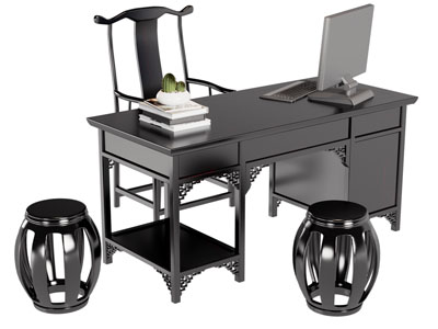 新中式书桌椅组合3d模型 新中式书桌椅组合