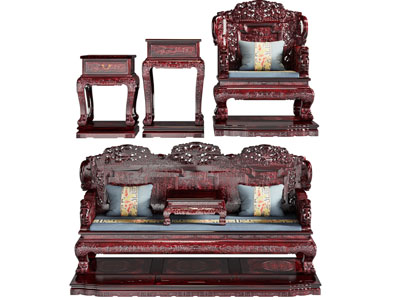 中式雕花红木多人沙发 单人沙发 边几3d模型 中式雕花红木多人沙发 单人沙发 边几