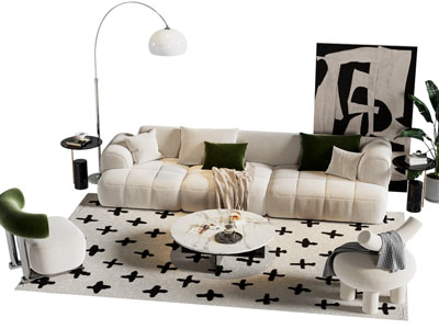 现代奶油风多人沙发 单人沙发和茶几组合