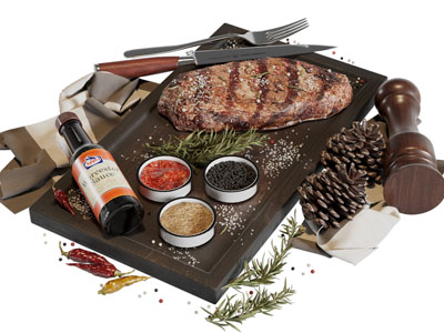 现代牛排 调料瓶 刀叉 食物