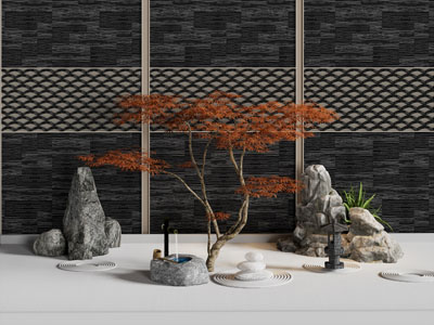 新中式庭院假山 枫树 水井景观园艺小品