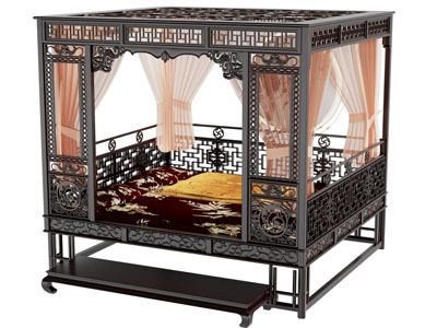 中式带帷幔的雕花脚踏 实木床 双人床