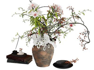 侘寂风陶艺花瓶花卉 摆件组合3d模型 侘寂风陶艺花瓶花卉 摆件组合