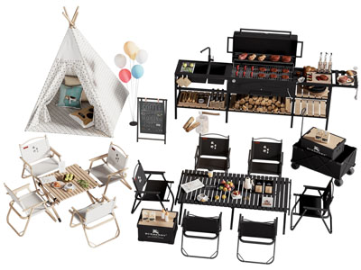 现代烧烤炉 帐篷 可折叠餐桌椅组合3d模型 现代烧烤炉 帐篷 可折叠餐桌椅组合