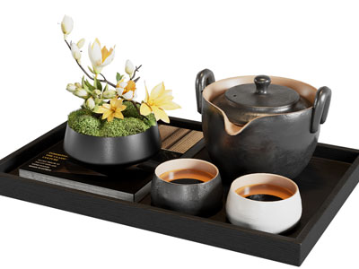 新中式托盘 茶壶 茶杯 花盆盆栽植物 摆件组合3d模型 新中式托盘 茶壶 茶杯 花盆盆栽植物 摆件组合