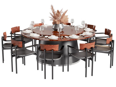 现代中古风圆形餐桌椅组合3d模型 现代中古风圆形餐桌椅组合