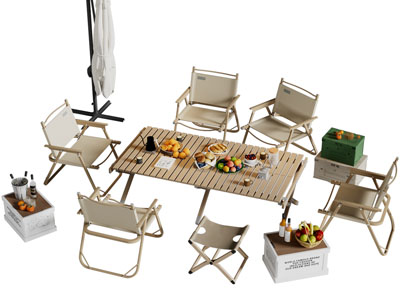 现代营地设备 休闲餐桌椅组合 遮阳伞3d模型 现代营地设备 休闲餐桌椅组合 遮阳伞