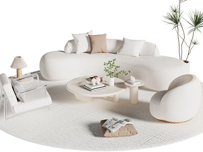 现代奶油风多人沙发 单人沙发和茶几组合