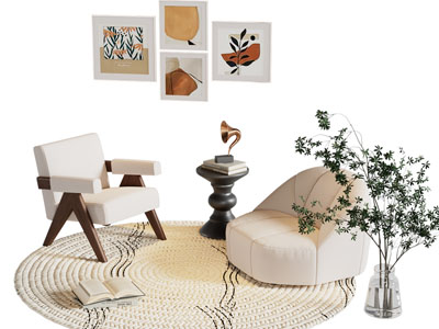 现代奶油风单人沙发 休闲椅子 边几