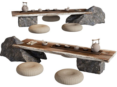 侘寂风茶桌椅组合 蒲团3d模型 侘寂风茶桌椅组合 蒲团