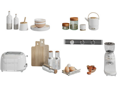 现代吐司机 砧板 咖啡机 碗碟 餐具组合