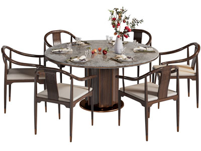 新中式圆形餐桌椅组合3d模型 新中式圆形餐桌椅组合