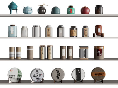 新中式茶叶罐 茶饼 摆件组合3d模型 新中式茶叶罐 茶饼 摆件组合