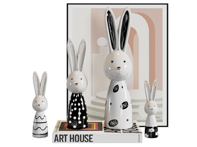现代陶瓷卡通兔子饰品 装饰画摆件组合