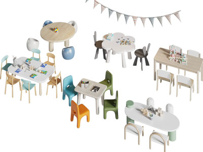 现代儿童桌椅组合3d模型 现代儿童桌椅组合