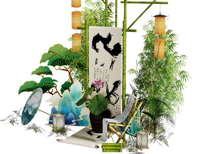 中式DP互动合影卷轴油纸伞竹椅美陈3d模型 中式DP互动合影卷轴油纸伞竹椅美陈