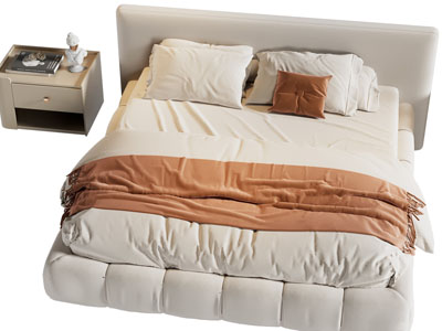 现代布艺奶油风双人床 床头柜