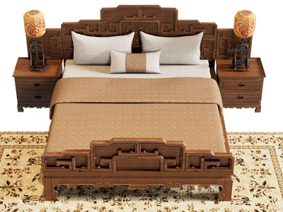 新中式雕花实木床头双人床 床头柜