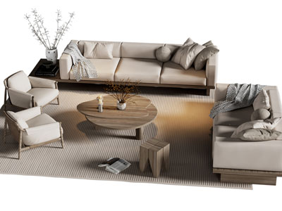 侘寂风多人 双人沙发 休闲椅子和茶几组合