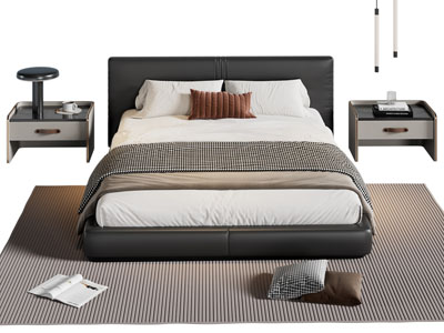 现代布艺双人床 床头柜