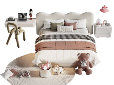 现代布艺儿童双人床 床头柜 书桌椅组合