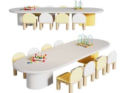现代椭圆形儿童桌椅组合3d模型 现代椭圆形儿童桌椅组合