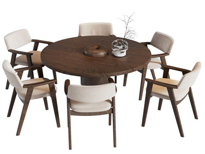 侘寂风中古风圆形餐桌椅组合3d模型 侘寂风中古风圆形餐桌椅组合