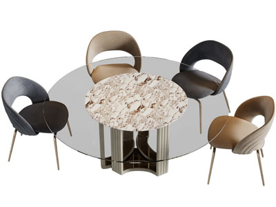 现代圆形玻璃餐桌椅组合3d模型 现代圆形玻璃餐桌椅组合