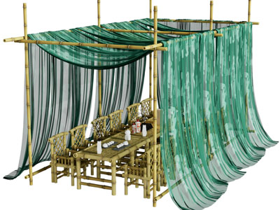 新中式帷幔 竹编餐桌椅组合3d模型 新中式帷幔 竹编餐桌椅组合