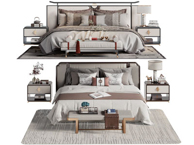 新中式双人床 床头柜