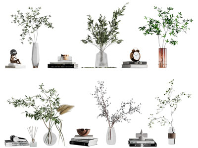 现代花瓶花卉 书本摆件组合3d模型 现代花瓶花卉 书本摆件组合