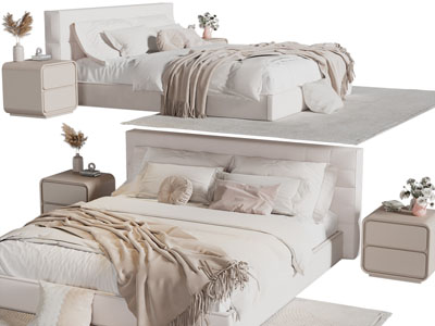 现代奶油风双人床 床头柜