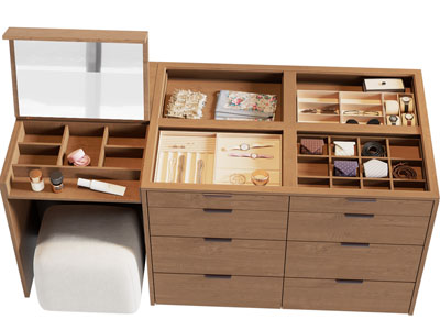 现代衣帽间带化妆台的中岛展柜