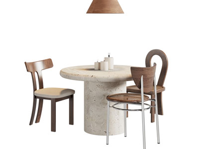 侘寂风圆形餐桌椅组合3d模型 侘寂风圆形餐桌椅组合