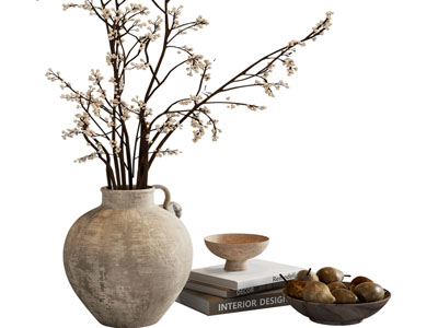 侘寂风陶艺花瓶花卉 书籍 果盘摆件组合3d模型 侘寂风陶艺花瓶花卉 书籍 果盘摆件组合