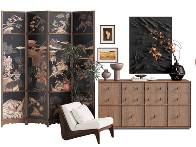 侘寂风中古风玄关柜 边柜 休闲椅子 屏风3d模型 侘寂风中古风玄关柜 边柜 休闲椅子 屏风