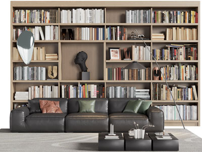现代开放式书柜 多人沙发和茶几组合