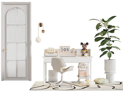 现代奶油风书桌椅组合 玻璃平开门