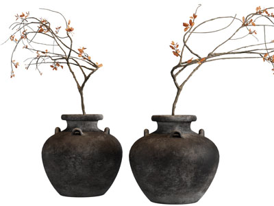 侘寂风陶艺花瓶花卉3d模型 侘寂风陶艺花瓶花卉