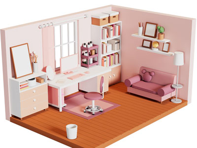 现代卡通书房场景3d模型 现代卡通书房场景