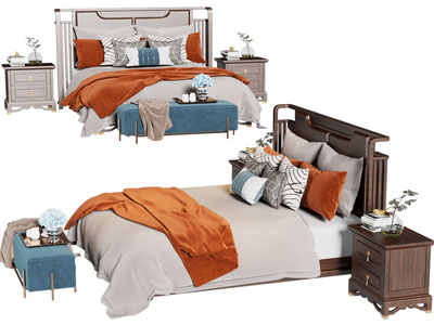 新中式双人床 床头柜 床尾凳