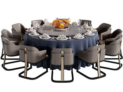 新中式圆形餐桌椅组合3d模型 新中式圆形餐桌椅组合